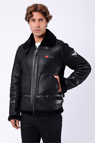 Leather Club Siyah Aviator Kürk İçlikli Hakiki Deri Kaban