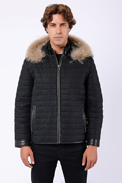 Leather Club Koyu Gri Hakiki Deri Garnili Fox Kürk Aksesuarlı Kaşmir Mont