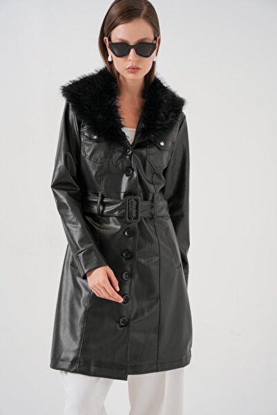 TREND_AWİSE Fur Collar Leather Coat 1048 - Black