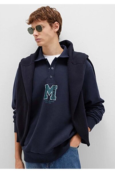Mavi 0S10494-70490 m Logo Printed Half Button Collar Sweatshirt Dark Blue