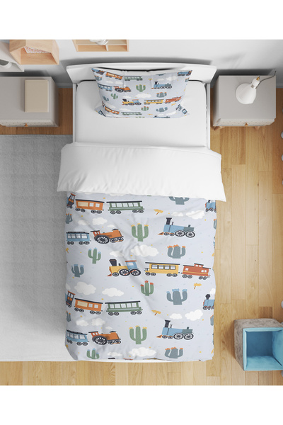 Home Train Patterned 3D Digital Printed Single Size Sheetless Children's Duvet Cover Set Sleeping Set