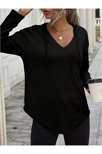 Ekince Bluză cu glugă cu mânecă lungă și decolteu în V pentru femei