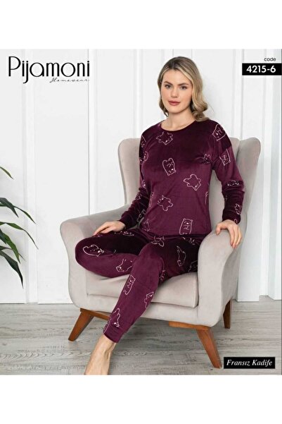 Pijamoni KADIN KADİFE TÜM AY'I DESENLİ KADIN PİJAMA TAKIMI