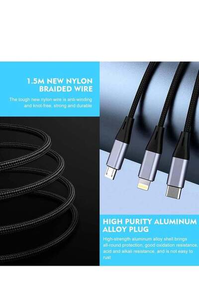 Generic 3-in-1 USB Phone Charger Cable - 5A Fast Braided Nylon Charging Cord