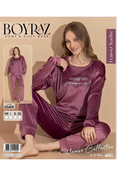 POYRAZ MOR KADİFE SADE ŞIK KADIN PİJAMA TAKIMI