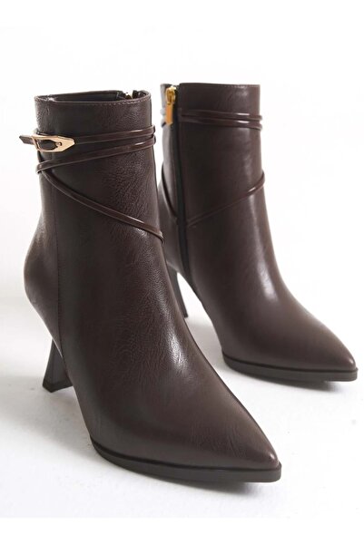 KOCAMANLAR Feles Тънки ремъци с катарами Детайлни класически дамски ботуши с ток BROWN