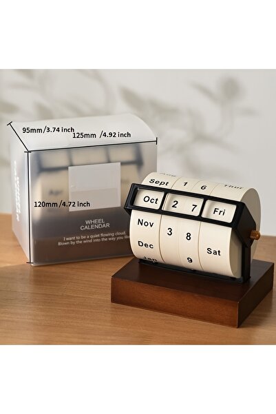 Generic 2026 Retro Mechanical Rotating Wheel Perpetual Calendar with Solid Wood Base Monthly Day Indicator