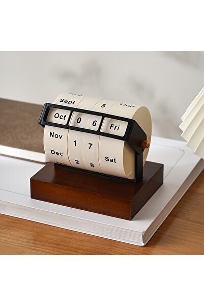 Generic 2026 Retro Mechanical Rotating Wheel Perpetual Calendar with Solid Wood Base Monthly Day Indicator