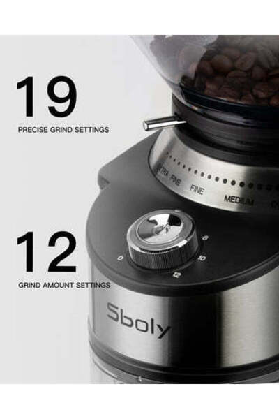 SBOLY Electric stainless steel coffee grinder with 19 precise grind settings for different types of coffee.