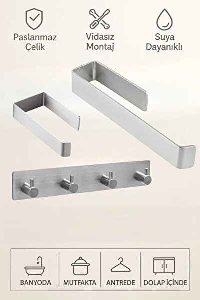 bulut art Set of 3 (Stainless Steel Adhesive Towel Rack, Toilet Paper Holder and 4-Piece Hanger) Adhesive