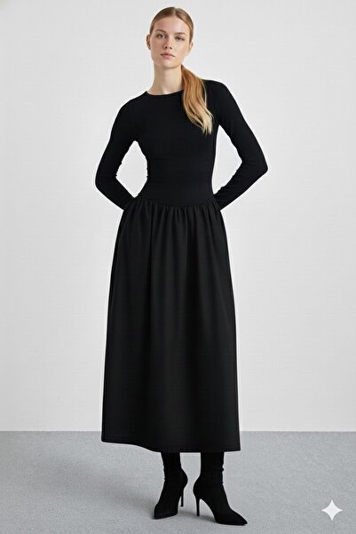 YAMORE Etek Kısmı Poplin Kumaş Üst Kısmı Viskon Maxi Boy Siyah Elbise