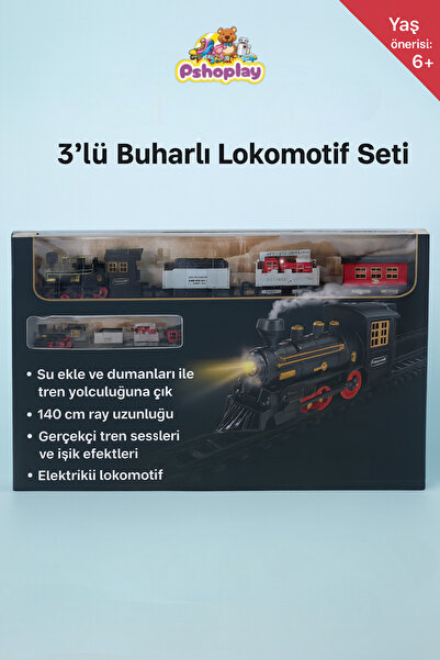 Pshoplay 3'lü Buharlı Ten ve Lokomotif Seti – 140 cm Raylı, Duman Efektli, Se...