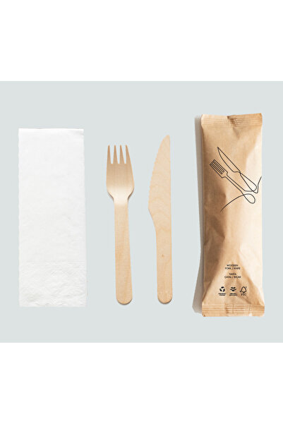 Bitahta Kraft Kağıt Ambalajlı Tahta Çatal + Bıçak + Peçete Seti