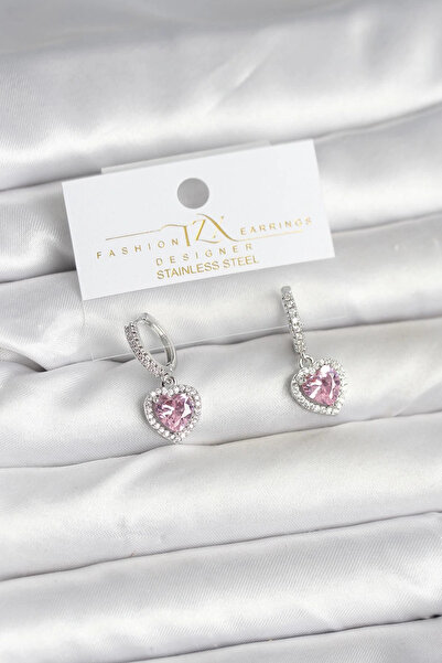 Clariss Brass Silver Pink Color Zircon Stone Heart Model Women's Earrings