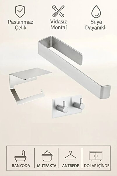 bulut art Set of 3 (Stainless Steel Adhesive Towel Rack, Toilet Paper Holder and 2-Piece Hanger) Adhesive