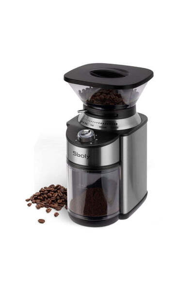 SBOLY Electric stainless steel coffee grinder with 19 precise grind settings for different types of coffee.