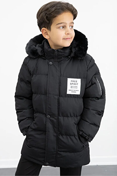 DoğaButikGiyim Palton gonflabil K cu glugă pentru băiat, negru, cu detaliu de armături scrise, căptușit cu blană în interior
