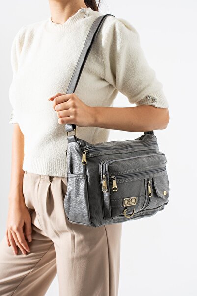 571 Collections Çanta Washed Leather Crossbody Shoulder Bag Polyurethane Leather Gray Model:(571-14-16A)