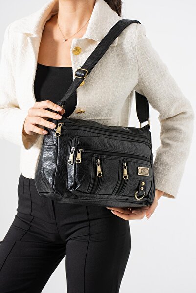 571 Collections Çanta Washed Leather Crossbody Shoulder Bag Polyurethane Leather Black Model:(571-14-16D)