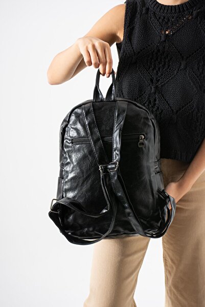 571 Collections Çanta Faux Leather Washed Backpack (Polyurethane) Black Model:(571-14-16H)
