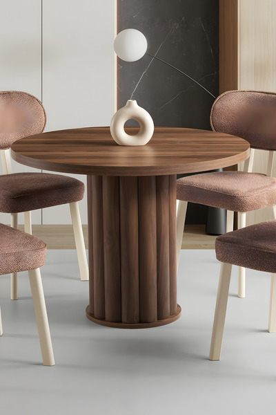 Liya Sare Yemek Masası Ahşap Salon Yemek Masası Bohem Mutfak Yuvarlak 4 Kişilik Beyaz 100 Cm Çap Ceviz