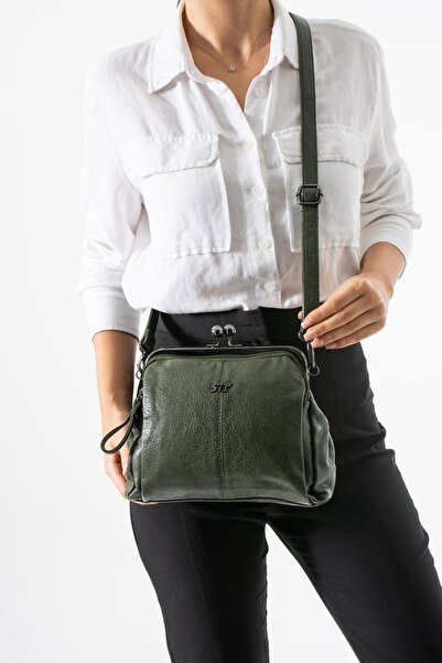 H&D COLLECTİON Washed Leather Clip-On Zippered 3-Compartment Scholarship Shoulder Bag Khaki Model: (571-13t)