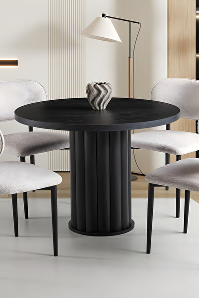 Liya Sare Yemek Masası Ahşap Salon Yemek Masası Bohem Mutfak Yuvarlak 4 Kişilik Beyaz 100 Cm Çap Siyah