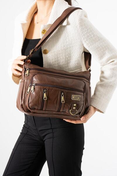 571 Collections Çanta Washed Leather Crossbody Shoulder Bag Polyurethane Leather Tan Model:(571-14-16D)