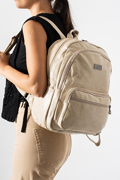 571 Collections Çanta Faux Leather Washed Backpack (Polyurethane) Cream Model...