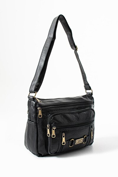 H&D COLLECTİON Washed Leather Crossbody Shoulder Bag Polyurethane Leather Black Model:(571-14-16F)