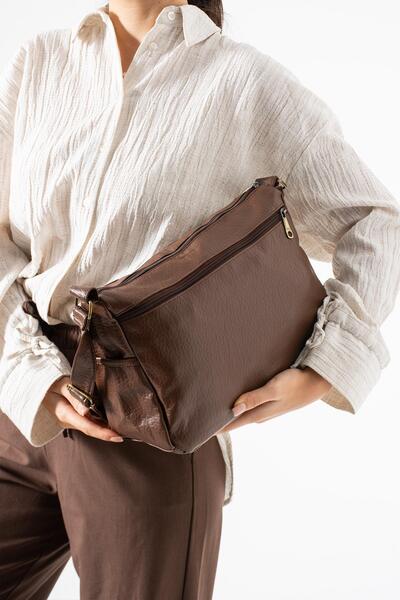 571 Collections Çanta Washed Leather Crossbody Shoulder Bag Polyurethane Leather Tan Model:(571-14-16B)