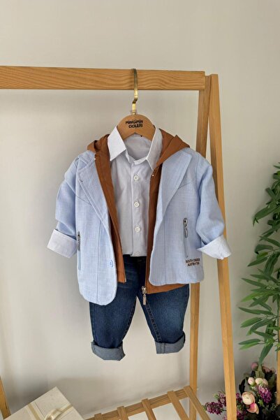 Minigimin Cicileri My Little One's Accessories Hooded Vest Set Jacket Shirt Jean 4-Piece Boy's Combination - Blue