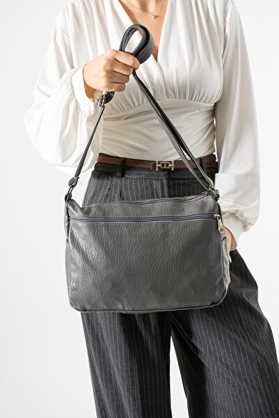 H&D COLLECTİON Washed Leather Crossbody Shoulder Bag Polyurethane Leather Gray Model:(571-14-16F)