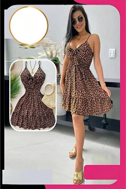 Nice Model Leopard Print Mini Dress V-Neck Spaghetti Strap Flowy Casual Summer Sundress Beach Vacation Women