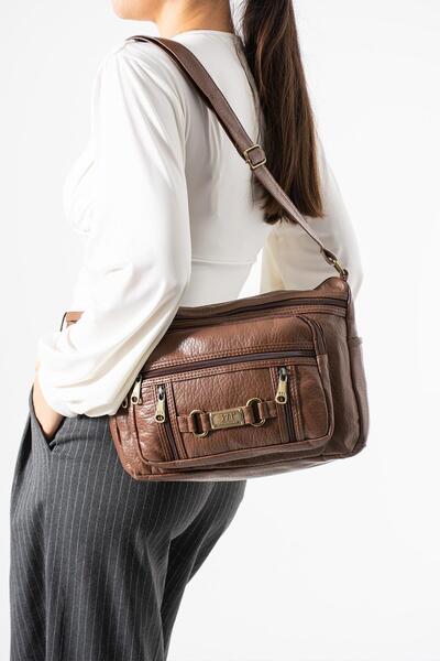 H&D COLLECTİON Washed Leather Crossbody Shoulder Bag Polyurethane Leather Tan Model:(571-14-16F)