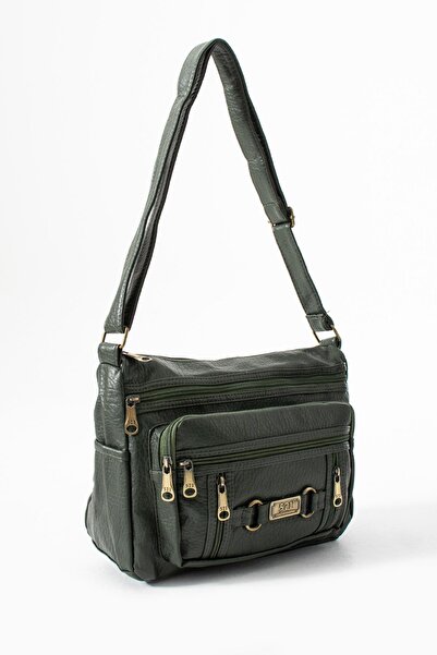 H&D COLLECTİON Washed Leather Crossbody Shoulder Bag Polyurethane Leather Khaki Model:(571-14-16F)