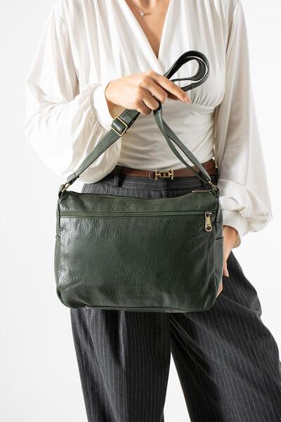 H&D COLLECTİON Washed Leather Crossbody Shoulder Bag Polyurethane Leather Khaki Model:(571-14-16F)