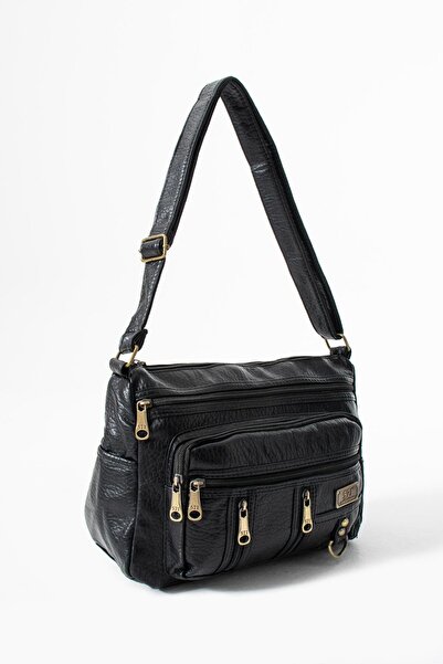 571 Collections Çanta Washed Leather Crossbody Shoulder Bag Polyurethane Leather Black Model:(571-14-16D)
