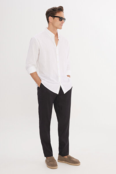 ALTINYILDIZ CLASSICS Men's Black Linen Slim Fit Slim Fit Elastic Waist Side Pocket Stretchable Trousers