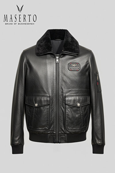 MASERTO Siyah Kürklü Yaka Hakiki Kuzu Derisi Pilot (Bomber) Erkek Mont