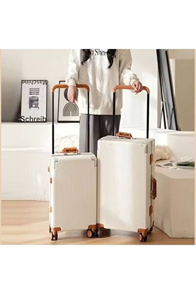 NKX Durable Hard Shell Trolley Suitcase Whi 4 Spinner Wheels 20*24 Inches Set of 2 Pc White Color