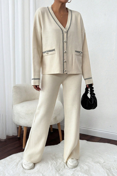 H&E LUXURY DESIGN Γυναικείο κομψό σετ πλεκτών ενδυμάτων με λεπτομέρεια ραφής με αντίθεση σε μαύρο χρώμα