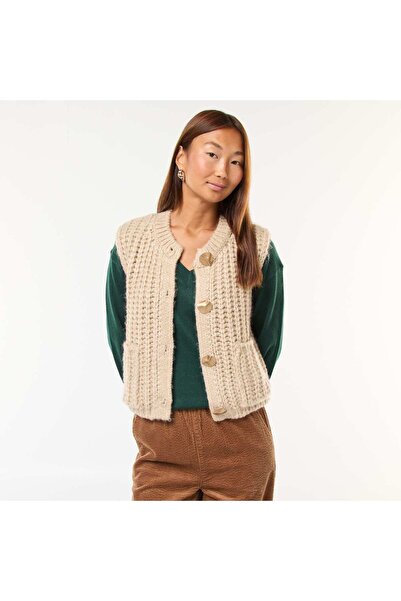KİABİ Sleeveless Cardigan with Large Hammered Button Opening BEIGE