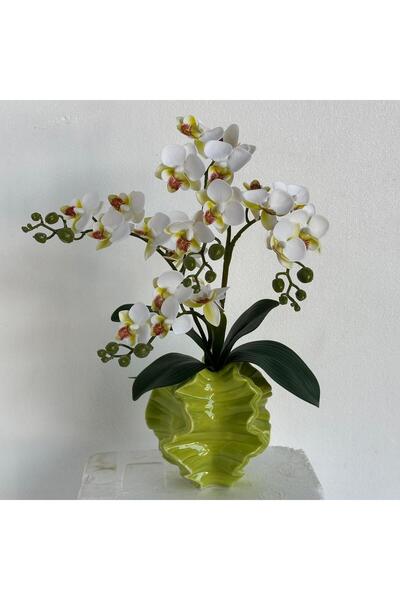 MirageBotanics تنسيق زهور الأوركيد البيضاء الاصطناعية في مزهرية خزفية متموجة ...