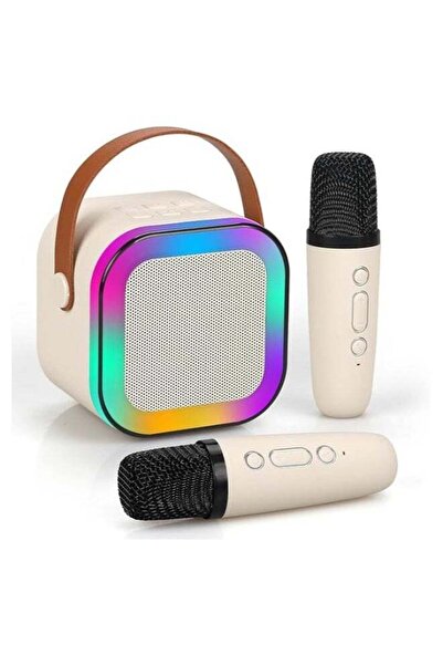Generic Mini Portable Bluetooth Karaoke Machine with 2 Wireless Microphones and LED Lights (Beige)