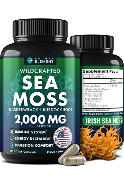 Secret Element Organic Sea Moss Capsules - Burdock Root, Irish Moss & Bladderwrack - 120 Capsules