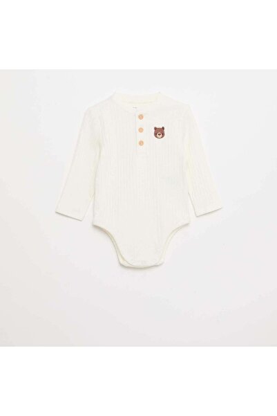 KİABİ بدلة جسم مضلعة بأكمام طويلة باللون الأبيض