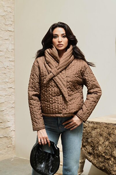 LEVURE Shawl Collar Zippered Quilted Coat Brown