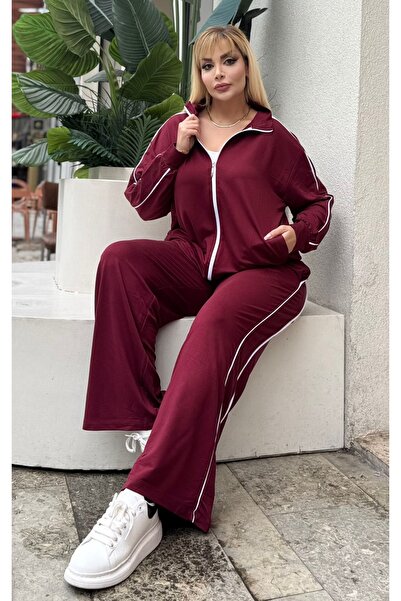 Butik Nilyam Women's Plus Size Double Piped Detail Stretch Fabric Cardigan Tracksuit Set 25080