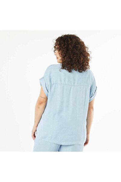 KİABİ Blouse with mandarin collar and short roll-up sleeves BLUE